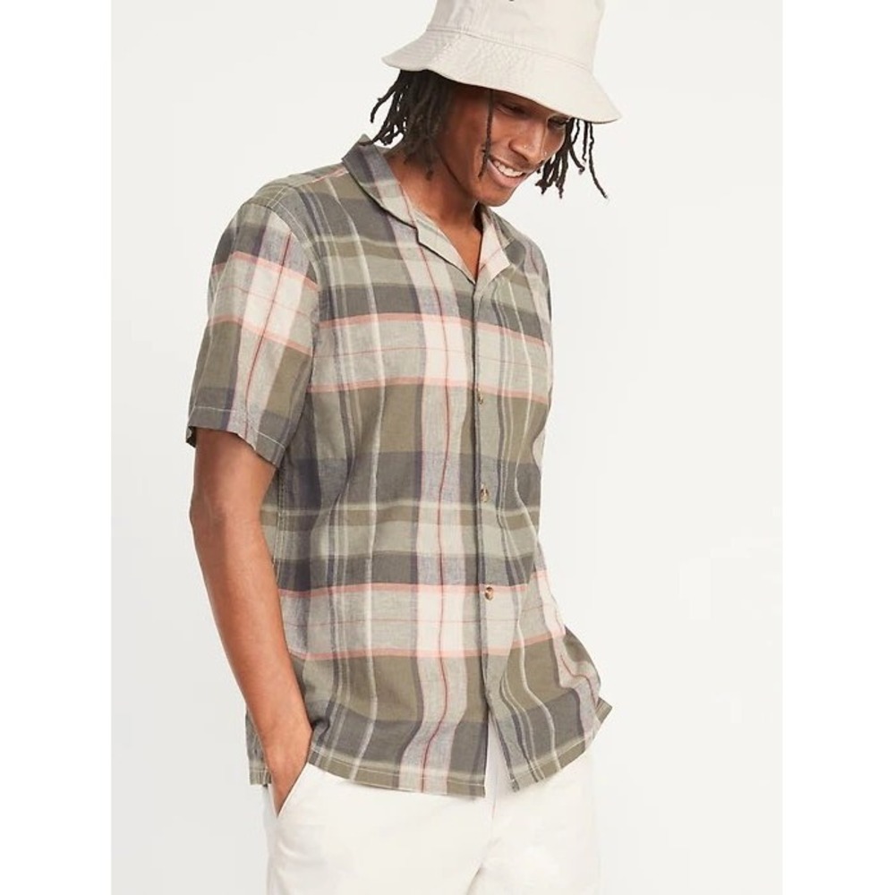 Old Navy Plaid Camp Shirt Mens Size XXXXL Green Linen Blend Short Sleeve Button